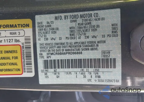 2023 Ford Bronco Sport Big Bend z USA, uszkodzony, nr VIN 3FMCR9B66PRD96868